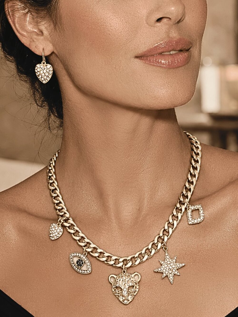 Cheetah Leopard Evil Eye Crystal Rhinestone CZ Gold Chain Charm Necklace SET New - Picture 3 of 3